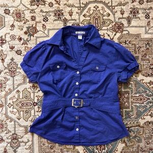 Dalia Collection Royal Blue Short Sleeve Belted Button-Down Shirt